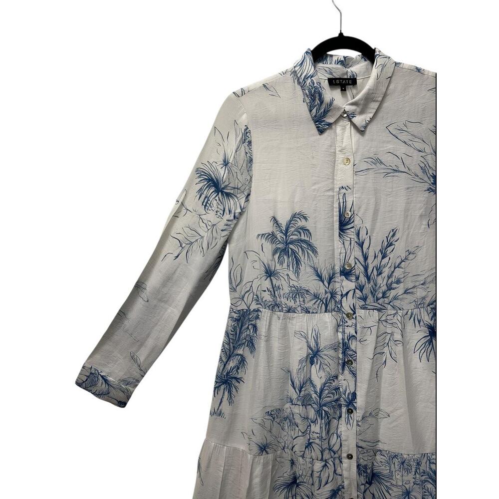 1.STATE Tropical Toile Print Tiered Maxi Shirtdress White Blue - Picture 2 of 6